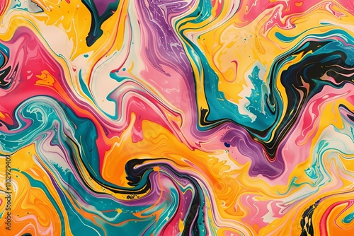 Fluid marble pattern with swirling, vibrant colors in a seamless design, featuring bright hues and dynamic transitions for a lively, abstract effect photo