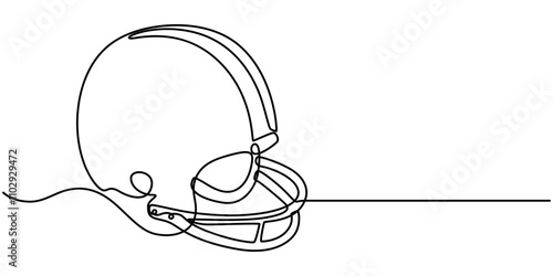 American football helmet and ball continuous line drawing element isolated on white background for decorative element. Vector illustration of gridiron in trendy outline style, Single continuous line