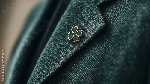 Saint Patrick’s Day pin with a shamrock design on a green jacket