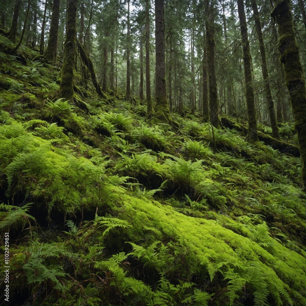 A steep mountain forest slope covered in bright green moss and ferns. A steep mountain forest slope covered in bright green moss and ferns.