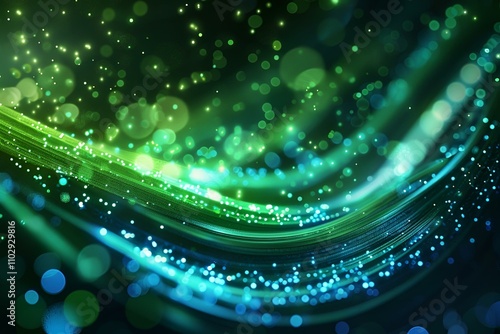 Futuristic abstract background with glowing green and blue neon wave lines moving at high speed, interspersed with shimmering bokeh lights for a dynamic, data transfer concept