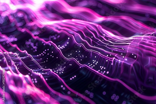 Futuristic abstract digital background with neon purple and silver tones, showcasing intricate circuitry patterns and flowing data streams, suitable for AI and tech visualizations