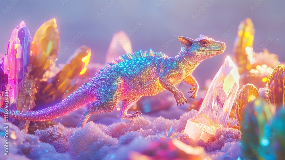 Iridescent Lizard Amidst Sparkling Crystals - Fantasy Creature in a Magical Crystal Cave Iridescent Lizard Amidst Sparkling Crystals - Fantasy Creature in a Magical Crystal Cave