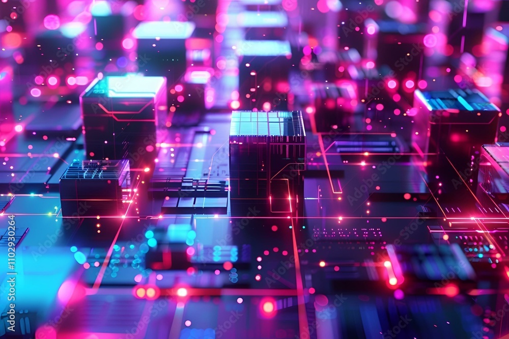 High-tech abstract scene with vibrant neon blocks representing AI and data flow, showcasing a dynamic digital grid and advanced analytics in a modern, futuristic style High-tech abstract scene with vibrant neon blocks representing AI and data flow, showcasing a dynamic digital grid and advanced analytics in a modern, futuristic style