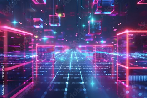 High-tech abstract scene with vibrant neon blocks representing AI and data flow, showcasing a dynamic digital grid and advanced analytics in a modern, futuristic style