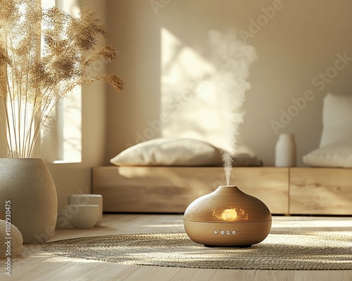 Holistic Relaxation Method Warm and calming home atmosphere with diffuser. photo