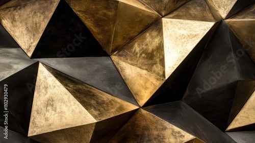 A textured wall featuring geometric shapes in gold and black tones.