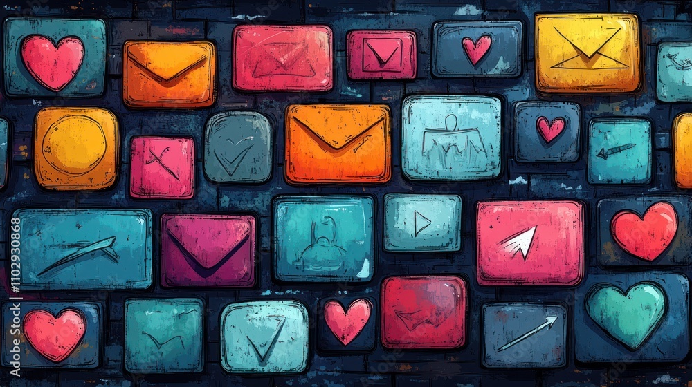 Colorful digital icons on a textured background, representing communication and interaction. Colorful digital icons on a textured background, representing communication and interaction.