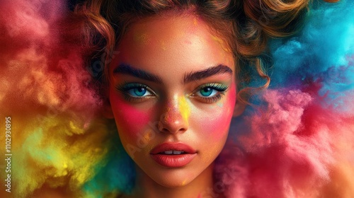 A vibrant portrait of a woman with colorful makeup and swirling colorful clouds around her.