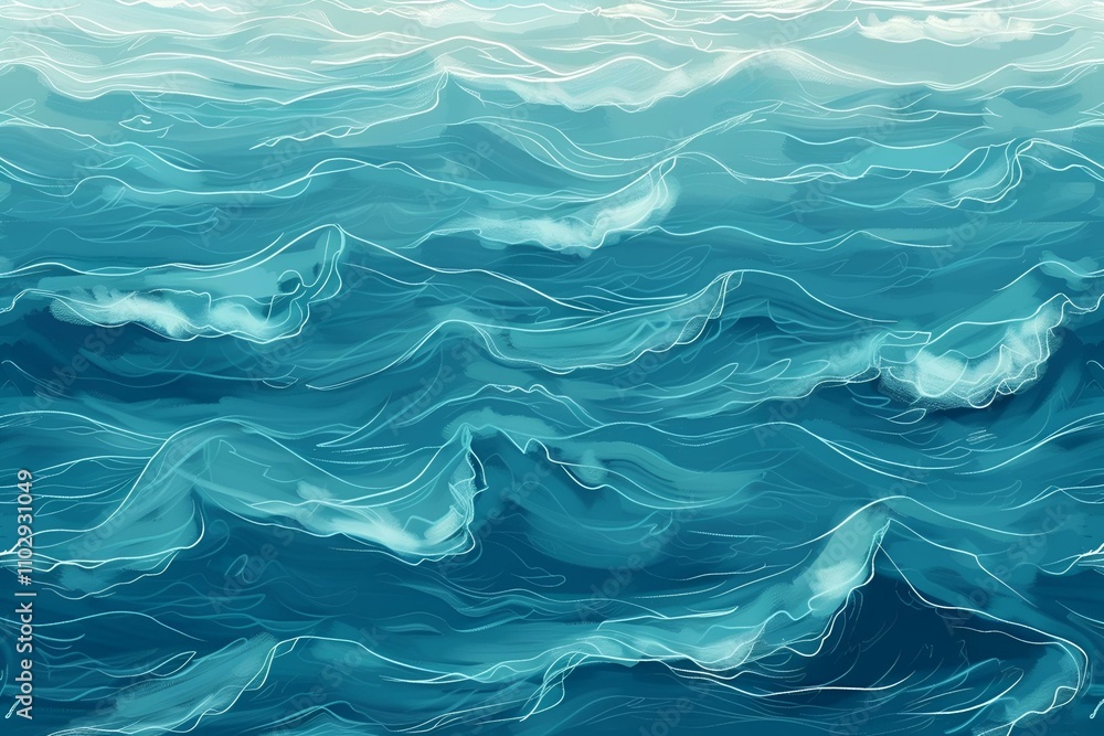 Obraz premium Tileable turquoise blue seascape featuring rolling ocean waves, offering a smooth, abstract background with a nautical summer vibe, perfect for digital art patterns