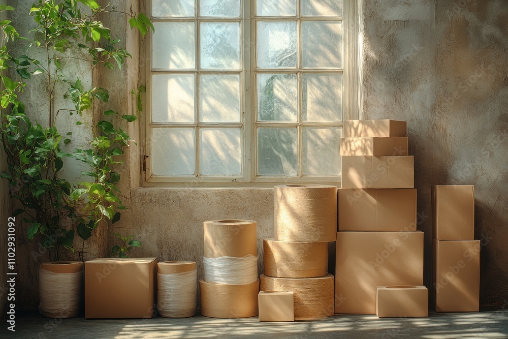 A cozy room with stacked cardboard boxes and a plant beside a window. A cozy room with stacked cardboard boxes and a plant beside a window.