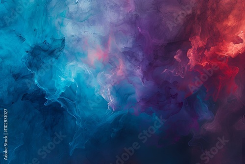 Swirling mist of vibrant blue, purple, and red hues blending seamlessly in an abstract paint-water mix, creating a soft, ethereal texture on a dark background