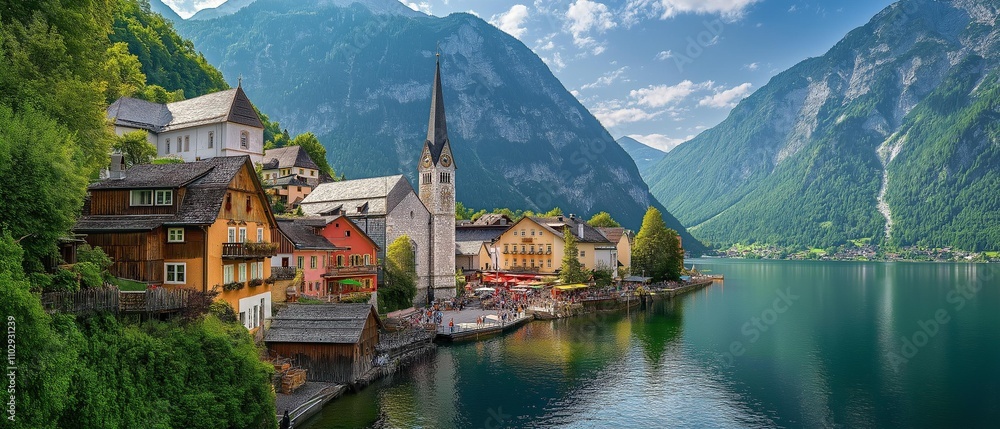 Fototapeta premium ai generated image of tranquil coastal village with colorful houses, fishing boats anchored in the harbor, soft morning light casting a serene glow