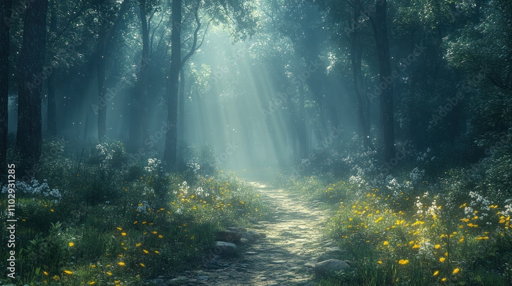 A serene forest path illuminated by soft light, surrounded by flowers and lush greenery. A serene forest path illuminated by soft light, surrounded by flowers and lush greenery.