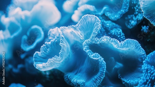 Luminescent blue coral formation underwater showing detailed polyp structure with translucent tissue in dark water