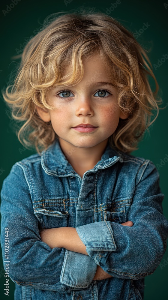 A portrait of a young child with curly hair, wearing a denim jacket, posing confidently. A portrait of a young child with curly hair, wearing a denim jacket, posing confidently.