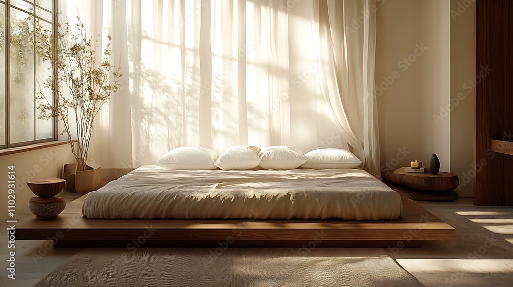 A minimalist bedroom with a low platform bed, soft beige bedding, fluffy white pillows, and warm wooden accents, sunlight streaming softly through sheer curtains, clean neutral tones, hd quality, A minimalist bedroom with a low platform bed, soft beige bedding, fluffy white pillows, and warm wooden accents, sunlight streaming softly through sheer curtains, clean neutral tones, hd quality,