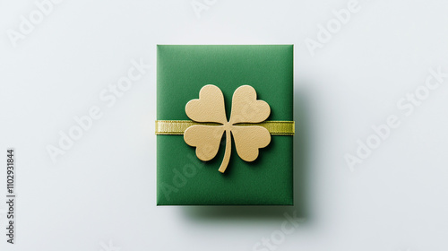 Minimalist green gift card with a single golden shamrock icon in the center photo