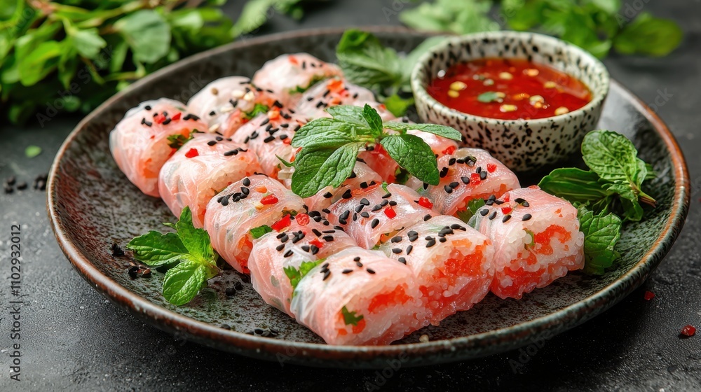 Fresh rice paper rolls with salmon and herbs served with chili dipping sauce Fresh rice paper rolls with salmon and herbs served with chili dipping sauce