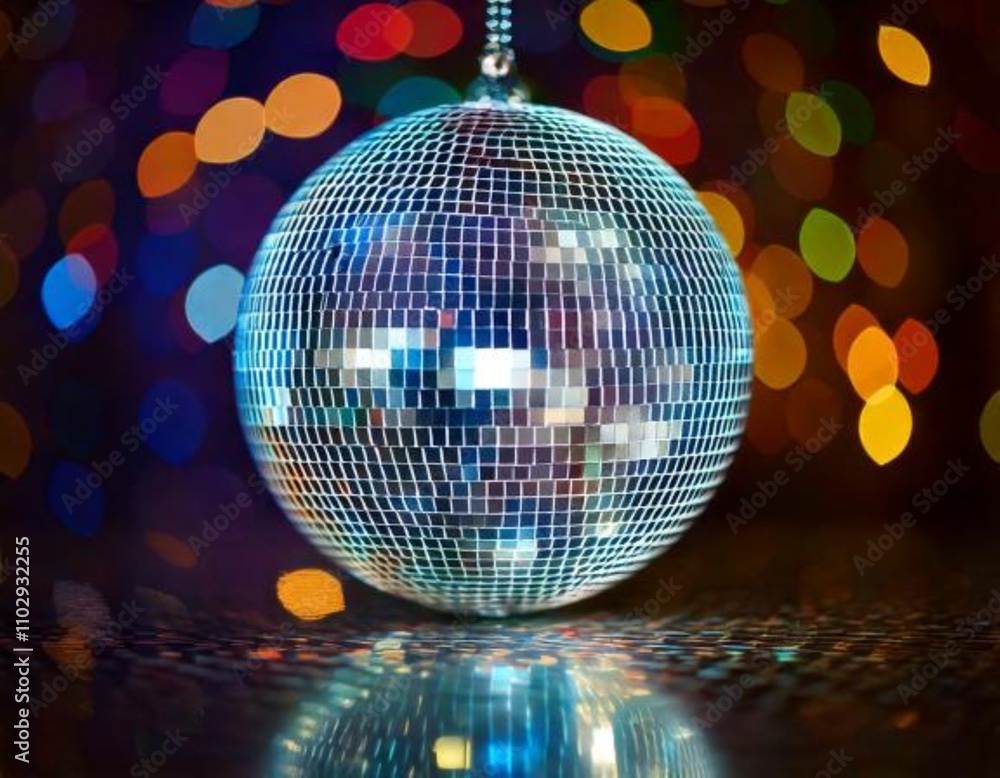 Obraz premium Shiny disco ball hanging against colorful bokeh lights, perfect for party invitations or flyers