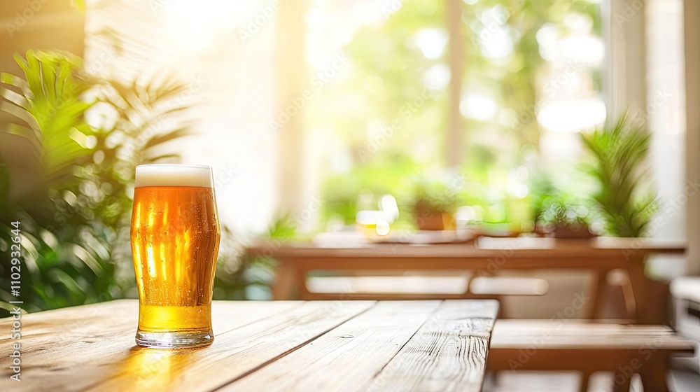 Refreshing beer glass on wooden table, sunny background with greenery. Refreshing beer glass on wooden table, sunny background with greenery.