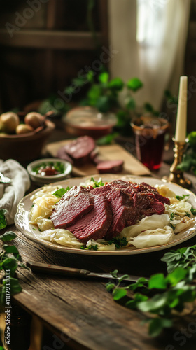 A traditional Irish meal of corned beef and cabbage served on a rustic wooden table