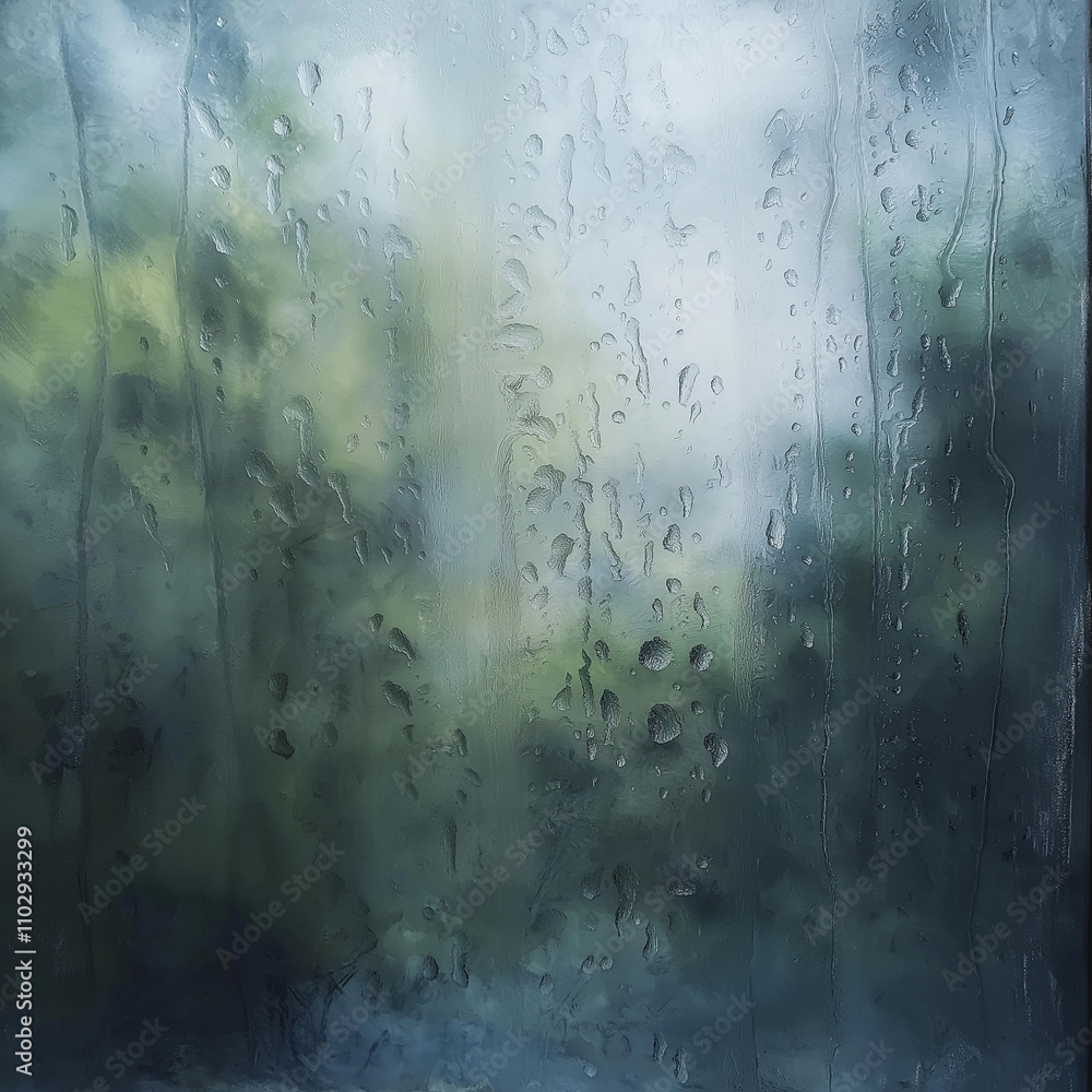 Rain-dappled window with blurred greenery outside