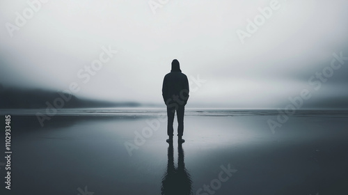 Man standing alone on a foggy beach