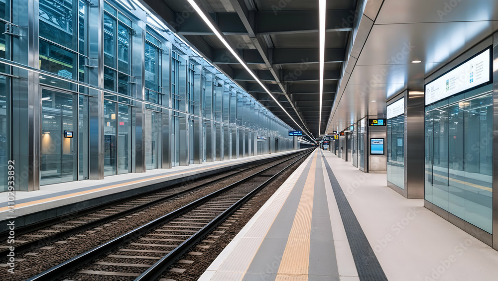 Modern train station with sleek design and empty platform during daylight hours Modern train station with sleek design and empty platform during daylight hours