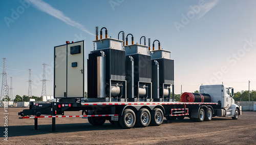 Transporting electrical transformers on a flatbed truck at a power substation during the day