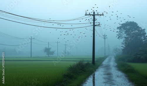 AI generator image of high voltage pole located in the middle of the rice field near the road where flocks of birds are migrating during rainy day