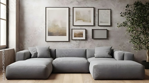 A stylish, contemporary gray sectional sofa is the focal point of a modern loft apartment, modern furniture, gray sofa, loft apartment, interior design, living room, 