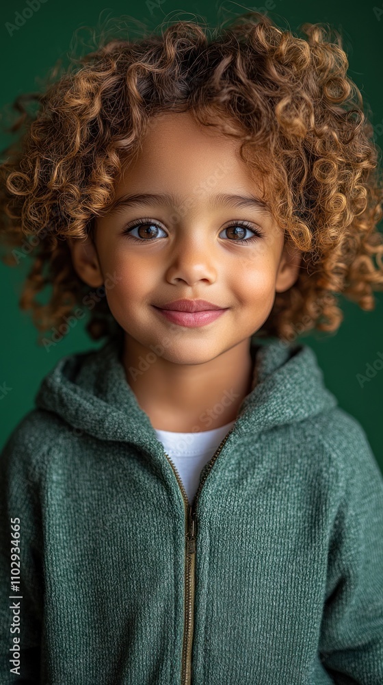 A smiling child with curly hair wearing a green hoodie against a solid background. A smiling child with curly hair wearing a green hoodie against a solid background.