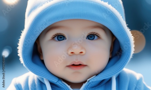 Adorable baby with blue eyes wearing a cozy blue hat photo