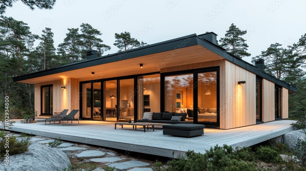 Modern wooden house with large windows and a spacious deck in a natural setting. Modern wooden house with large windows and a spacious deck in a natural setting.