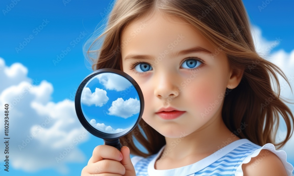 Curious child holding magnifying glass against blue sky with clouds Curious child holding magnifying glass against blue sky with clouds