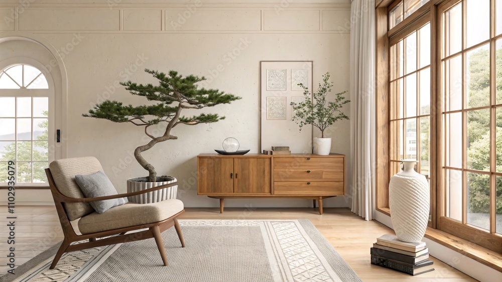Fototapeta premium Living Room with Minimalist Decor and Forest Views V3