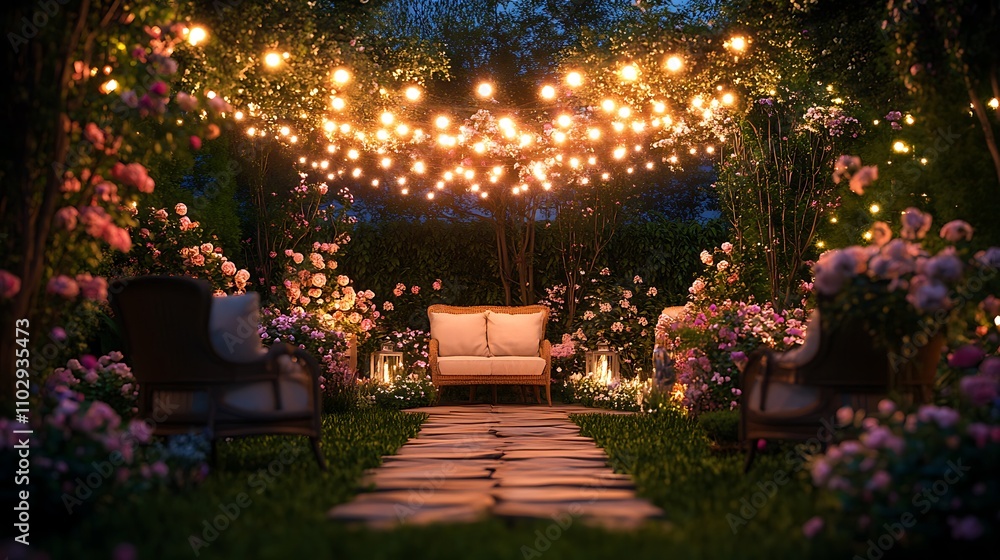 Fototapeta premium A romantic garden patio with elegant chairs covered in soft fabric, fairy lights strung overhead, and a mix of blooming flowers like roses and hydrangeas surrounding the space,