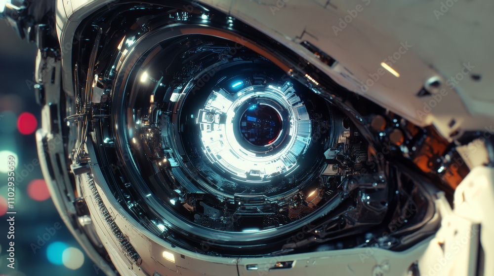 A close-up of a robotic eye. A close-up of a robotic eye.