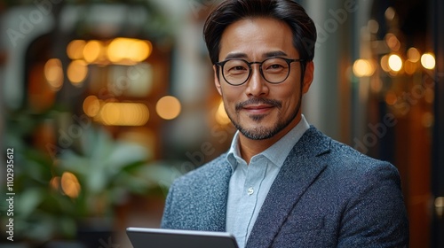 Young Asian executive excels in first class, multitasking with digital tablet, 