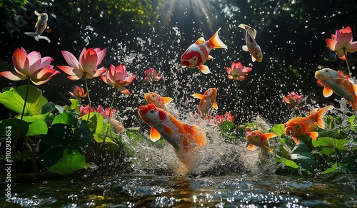 AI generator image of a captivating image depicting the moment when a koi fish Stick head out of the water.A large lake in Province,fish snapping bite slowly at delicate lotus petals in summer photo