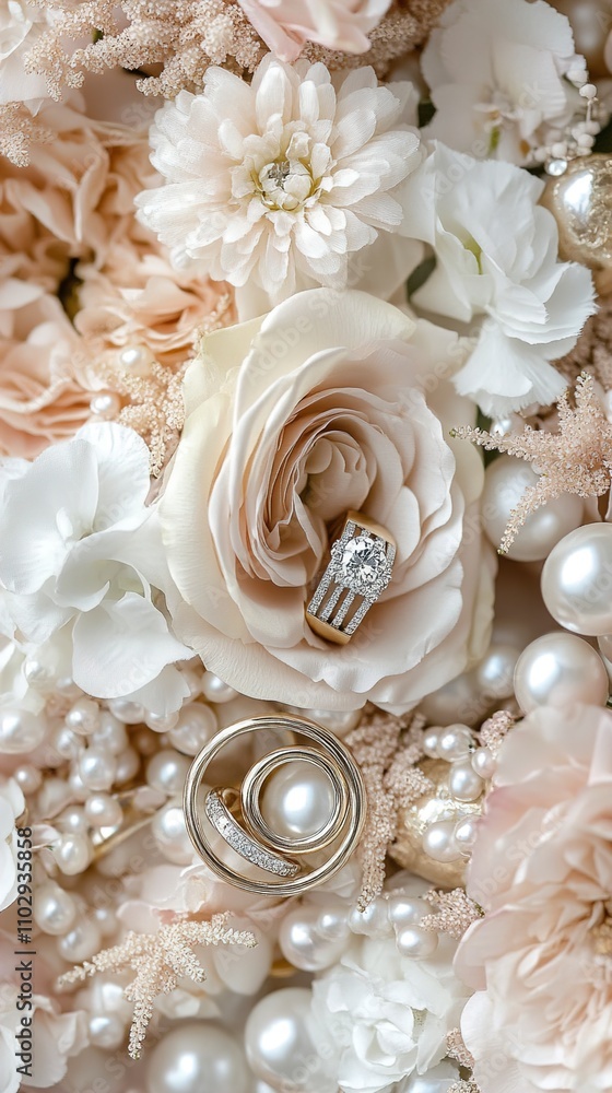 Elegant Wedding Rings Nestled in a Luxurious Cream and Pearl Floral Arrangement Elegant Wedding Rings Nestled in a Luxurious Cream and Pearl Floral Arrangement