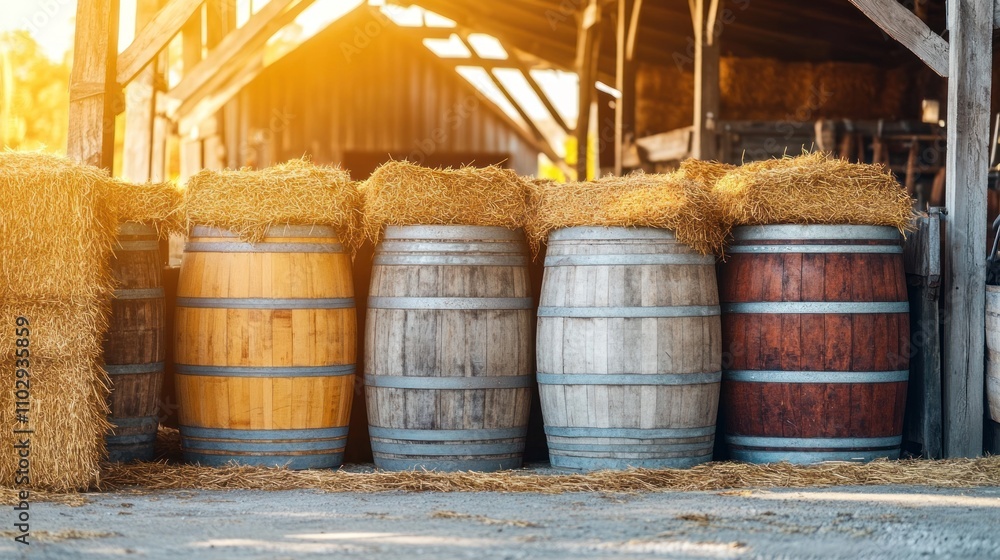 A row of wooden barrels topped with hay in a rustic barn setting.