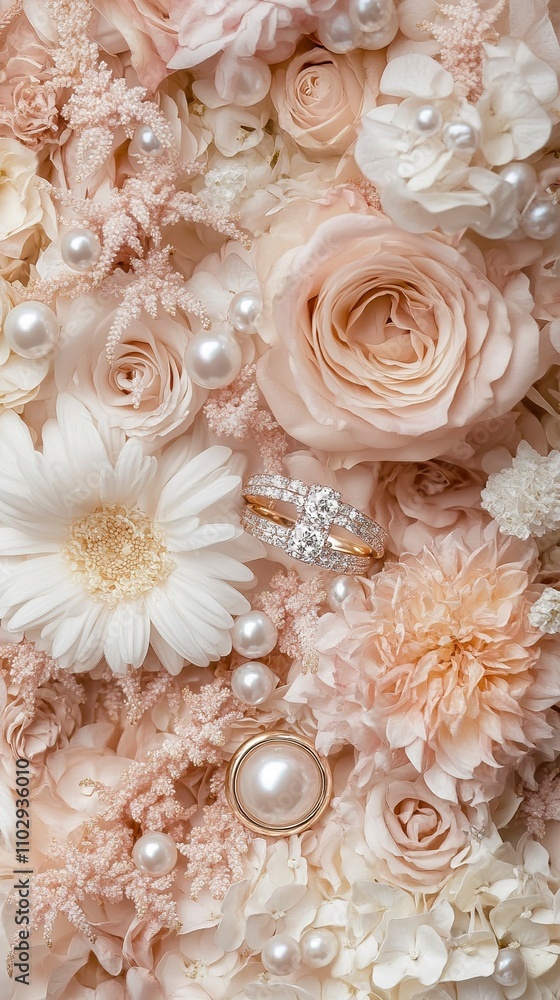 Elegant Wedding Rings Nestled in a Delicate Bridal Bouquet of Blush and White Flowers with Pearls Elegant Wedding Rings Nestled in a Delicate Bridal Bouquet of Blush and White Flowers with Pearls