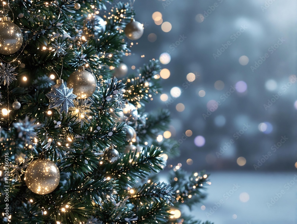 Radiant bokeh lights on a glittery Christmas tree with ornaments, Christmas tree, radiant light, sparkle, glitter Radiant bokeh lights on a glittery Christmas tree with ornaments, Christmas tree, radiant light, sparkle, glitter