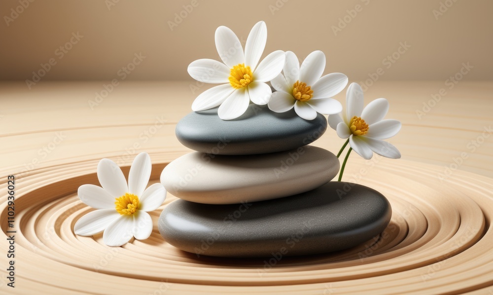 Tranquil balance: smooth stones and daisies in zen garden Tranquil balance: smooth stones and daisies in zen garden