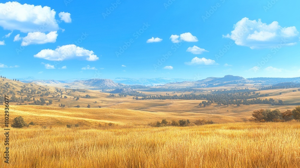 A serene landscape featuring golden fields under a bright blue sky with distant mountains. A serene landscape featuring golden fields under a bright blue sky with distant mountains.
