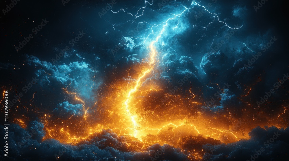 A dramatic scene of lightning illuminating dark, stormy clouds with fiery orange hues. A dramatic scene of lightning illuminating dark, stormy clouds with fiery orange hues.