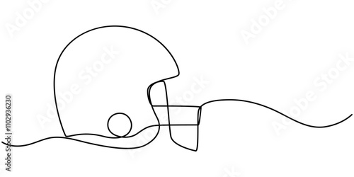 American football helmet and ball continuous line drawing element isolated on white background for decorative element. Vector illustration of gridiron in trendy outline style, Single continuous line