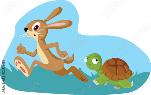 Classical Fable of the Hare and the Tortoise Vector Cartoon. Story of a rabbit being overtaken by a tortoise in a race
